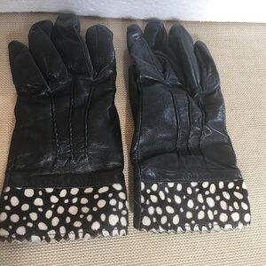 Vintage KATE SPADE Black Leather Gloves with Black and White Spotted Trim Cuff